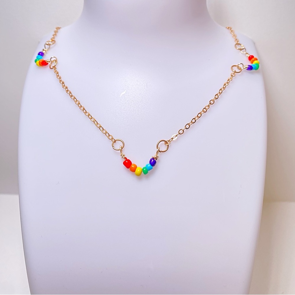 Handcrafted Rainbow Pride Gold Beaded Necklace